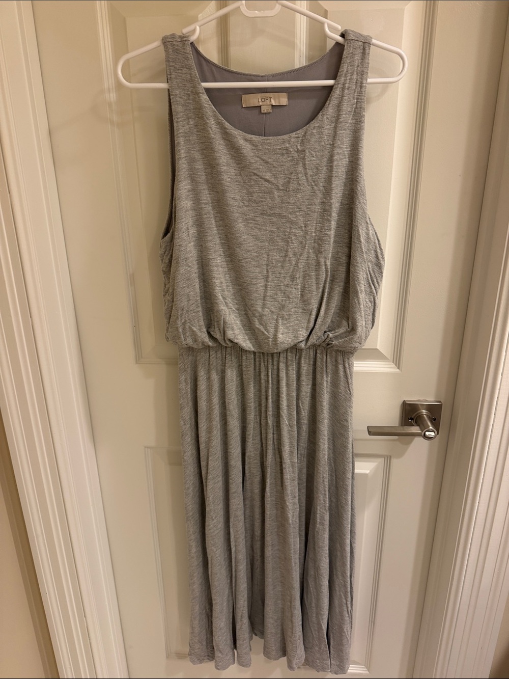 LOFT Light Gray Sleeveless midi Dress with Gathered Waist